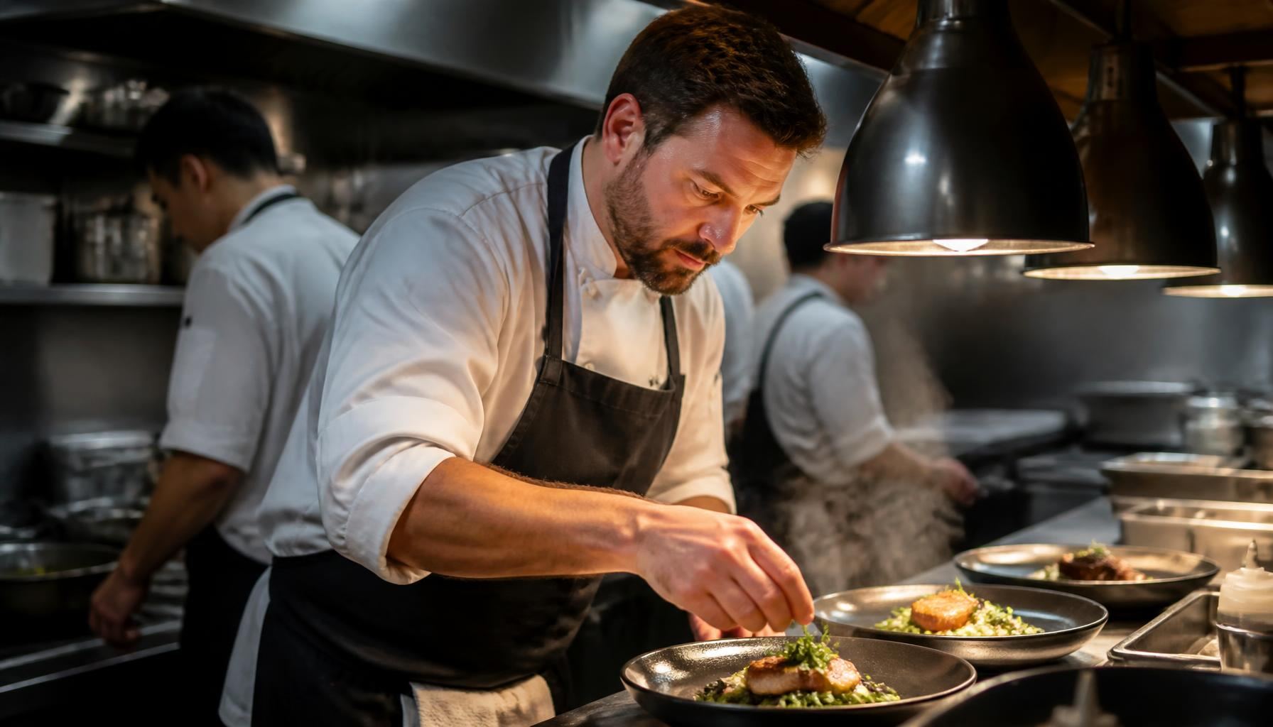 Sous chef expediting dishes at the kitchen pass during a busy dinner service in a professional restaurant kitchen